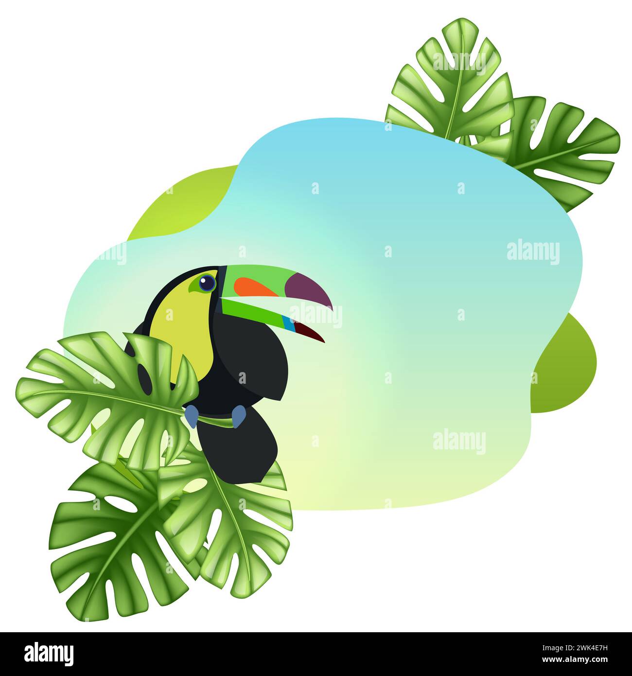 Sfondo estivo con foglie di giungla e fiori. Toucan sulla palma. Invito alla festa tropicale. Posiziona per testo. Ottimo per volantini, doccia per bambini Foto Stock