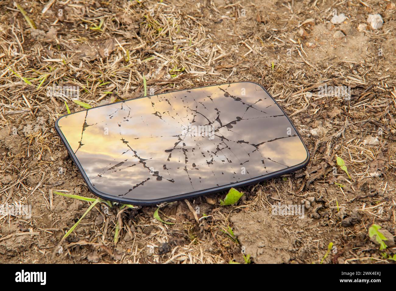 Lo specchio dell'auto è stato spezzato in pezzi sull'erba Foto Stock