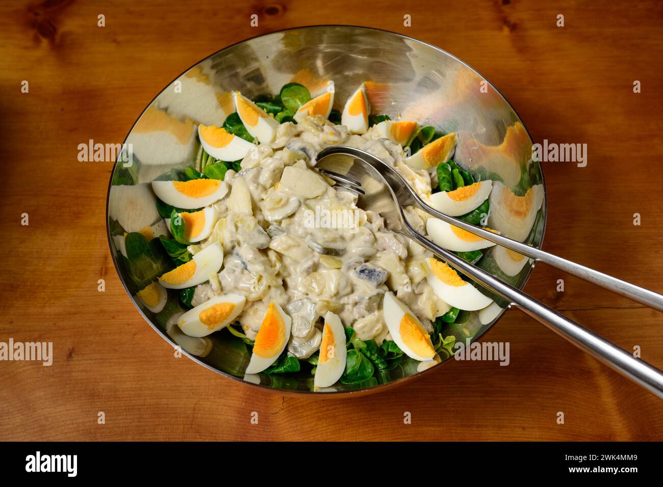 Insalata di pesce Fischsalat in stile austriaco con aringhe, patate, cetriolini, uova e insalata Foto Stock