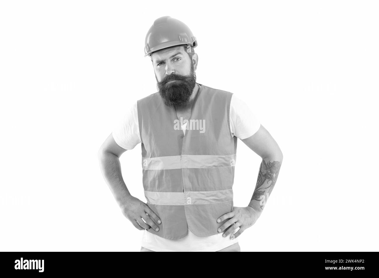 uomo supervisore non rasato isolato su sfondo bianco. uomo supervisore in uniforme. Foto Stock