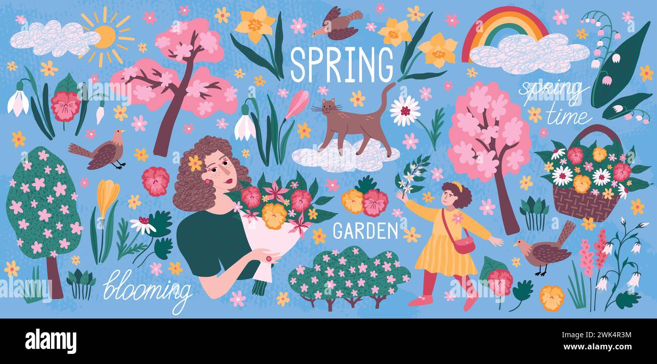 Motivo floreale. Piante floreali primaverili, simpatiche foglie di tulipani semplici per il giardino di pasqua, bouquet naturale estivo. Bella donna carina che tiene i fiori. Illustrazione isolata piatta del cartone animato. Clipart astratto vettoriale Illustrazione Vettoriale
