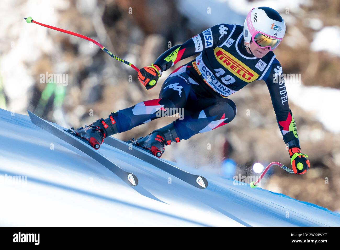 Cortina d’Ampezzo, Italia 28 gennaio 2024. MERRYWEATHER Alice (USA) gareggia nella Audi Fis Alpine Ski World Cup Women's Super-G Race sull'Olymp Foto Stock