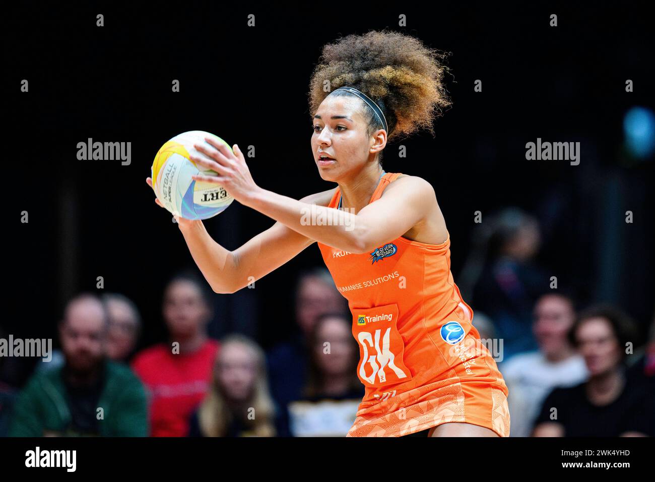 NOTTINGHAM, REGNO UNITO. 17 febbraio 24. Jasmine Brown in azione durante l'odierna partita di Severn Stars contro Leeds Rhinos durante la stagione di apertura Netball Super League 2024 alla Motorpoint Arena sabato 17 febbraio 2024, NOTTINGHAM, INGHILTERRA. Crediti: Taka G Wu/Alamy Live News Foto Stock