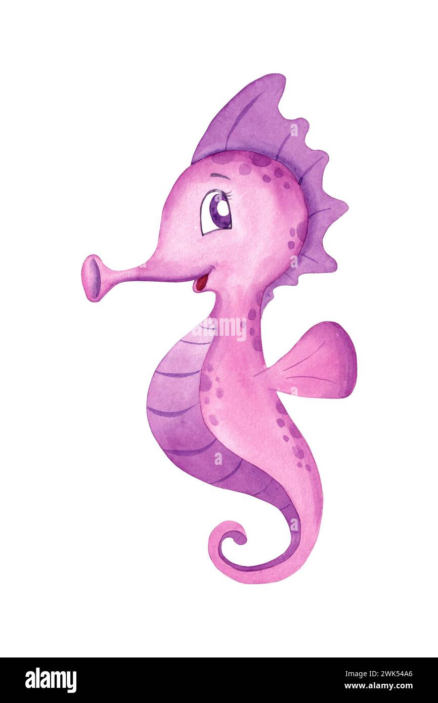 Cavalluccio marino disegnato a mano. Graziosa illustrazione ad acquerello isolata su sfondo bianco. Animali subacquei Foto Stock