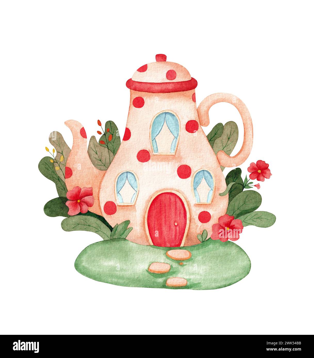 Illustrazione ad acquerello di una teiera con fiori. Illustrazione disegnata a mano isolata su sfondo bianco. Foto Stock