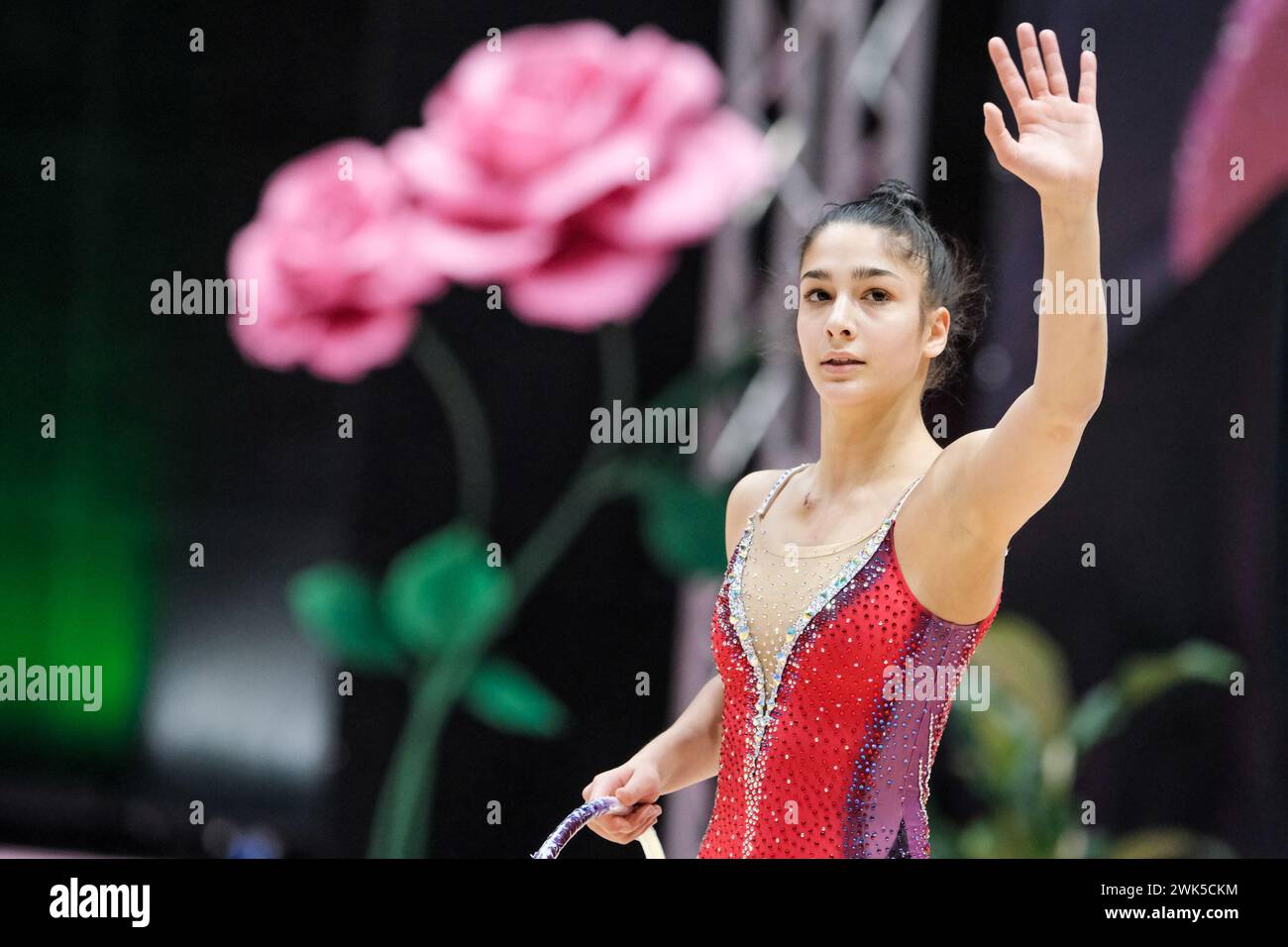 Chieti, Italia. 17 febbraio 2024. La ginnasta ritmica italiana Sofia Raffaeli si esibisce per la Ginnastica Fabriano durante la ginnastica ritmica FGI 2024 regular season serie A1 1° round al Palatricalle Chieti. Primo round stagionale regolare dei Campionati Italiani di ginnastica ritmica 2024 a Chieti, Italia crediti: SOPA Images Limited/Alamy Live News Foto Stock