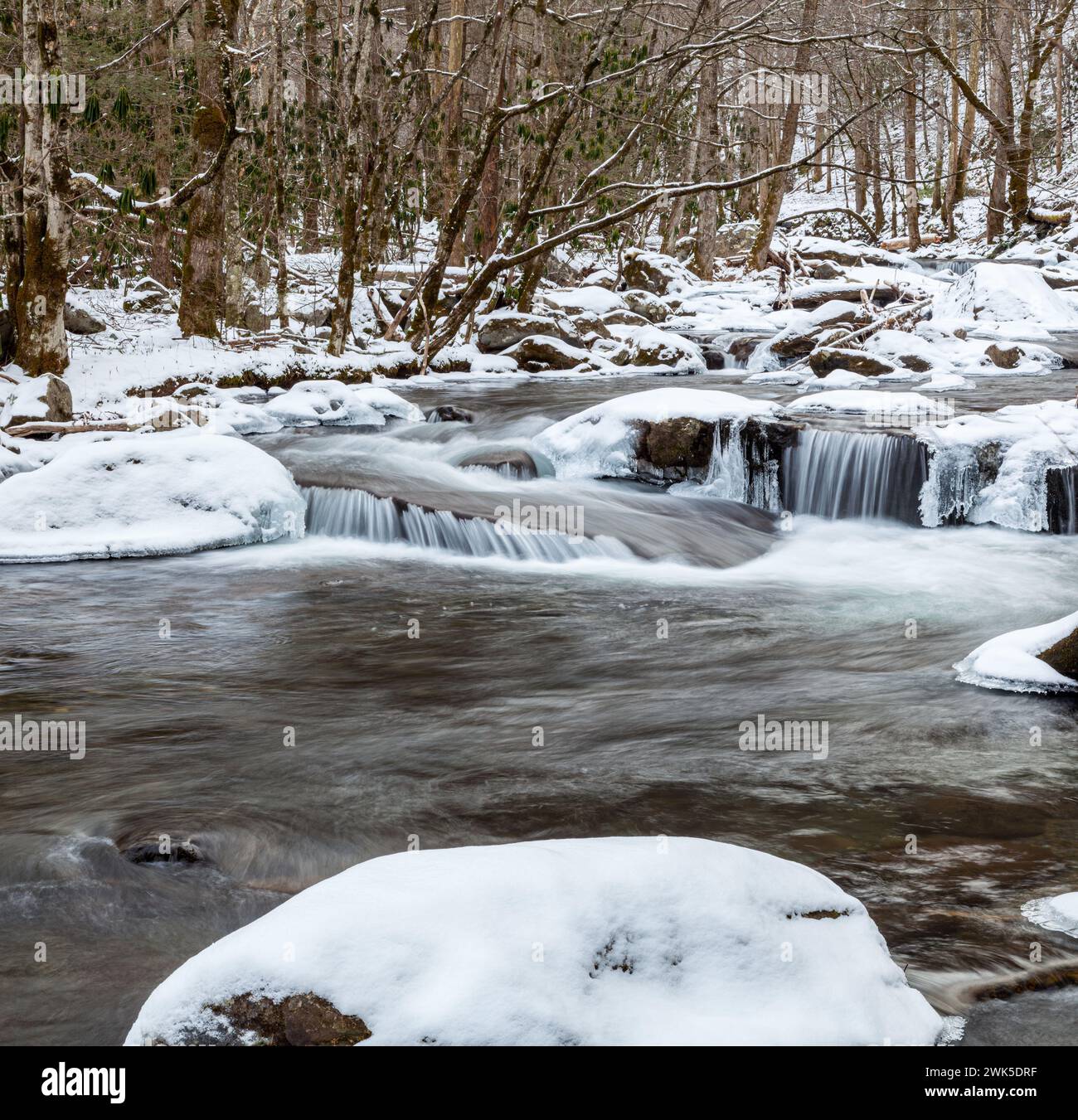 Ghiaccio e neve sul Little River nel Great Smoky Mountains National Park Foto Stock
