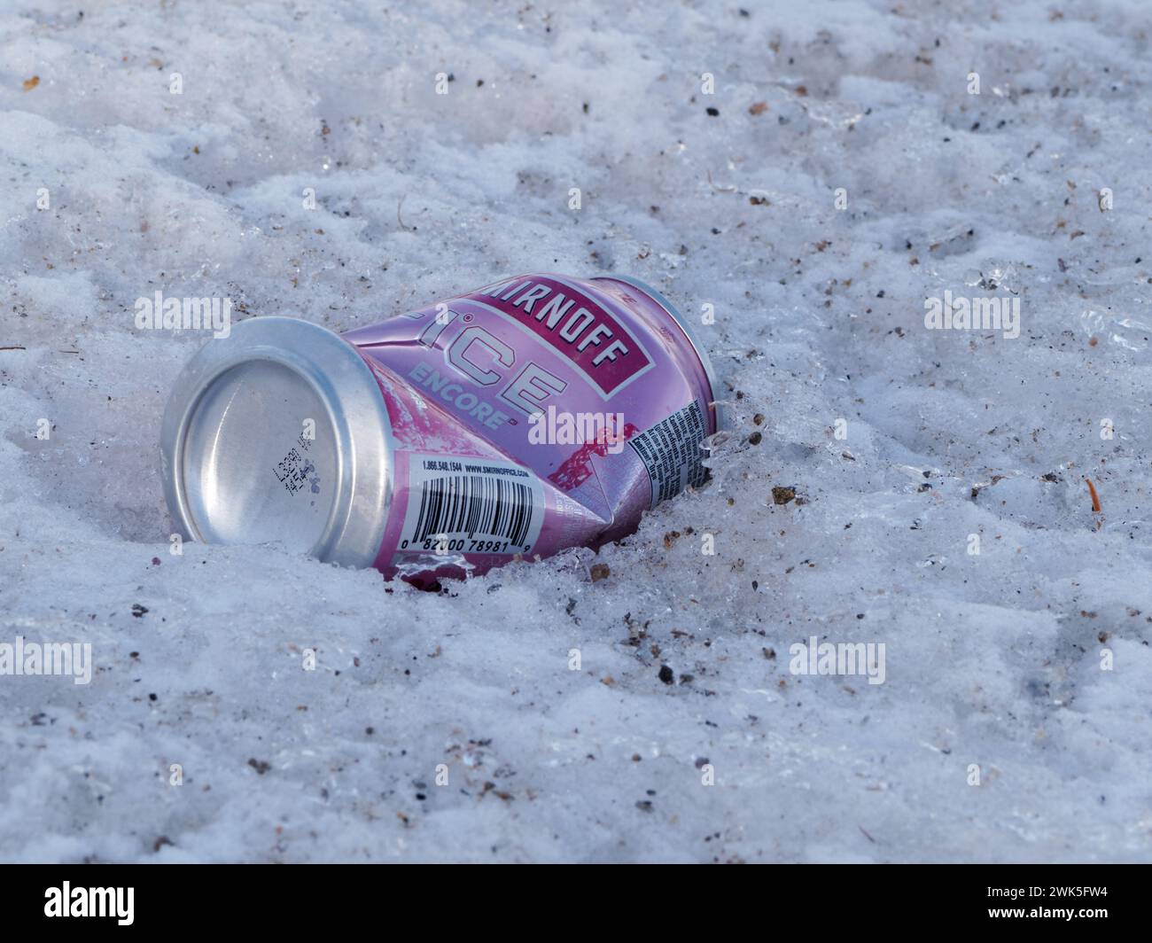 Barattolo di Smirnoff vuoto scartato. Quebec, Canada Foto Stock