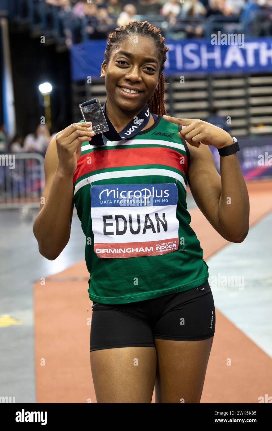 Birmingham, Regno Unito. 18 febbraio 2024. Successo Eduan di sale Harriers Manchester vince la medaglia d'argento nei 200 m femminili al Microplus UK Athletics Indoor Championships, Utilita Arena, Birmingham, Regno Unito il 17/18 febbraio 2024. Foto di Gary Mitchell Credit: Gary Mitchell, GMP Media/Alamy Live News Foto Stock