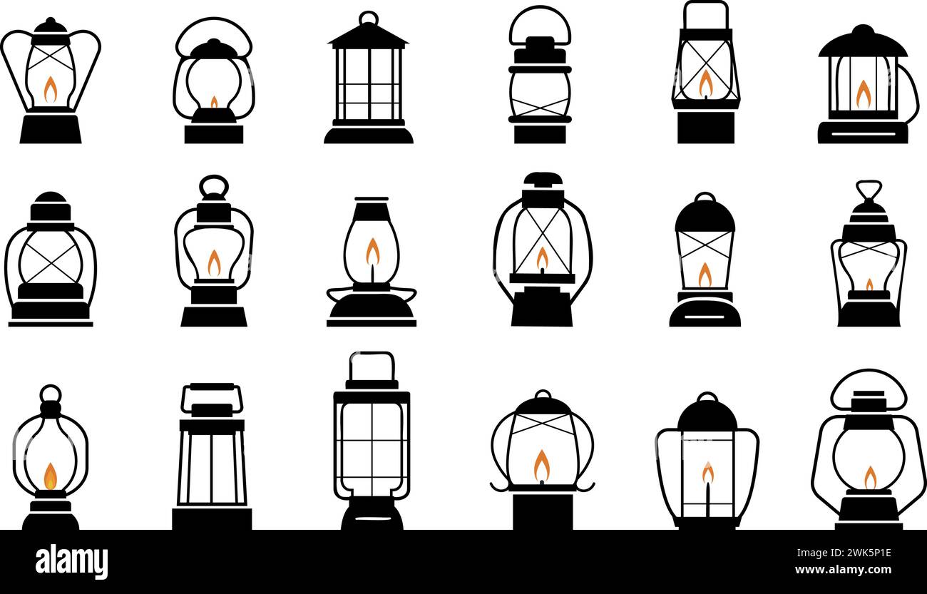 Vecchie lanterne nere. Lanterne da campeggio, feste decorative elementi tradizionali di luci retrò. Icone di illuminazione raccolta vettoriale decente Illustrazione Vettoriale