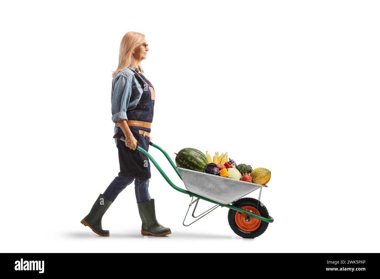 Foto a tutta lunghezza di una donna giardiniera che spinge una carriola con frutta e verdura isolata su sfondo bianco Foto Stock