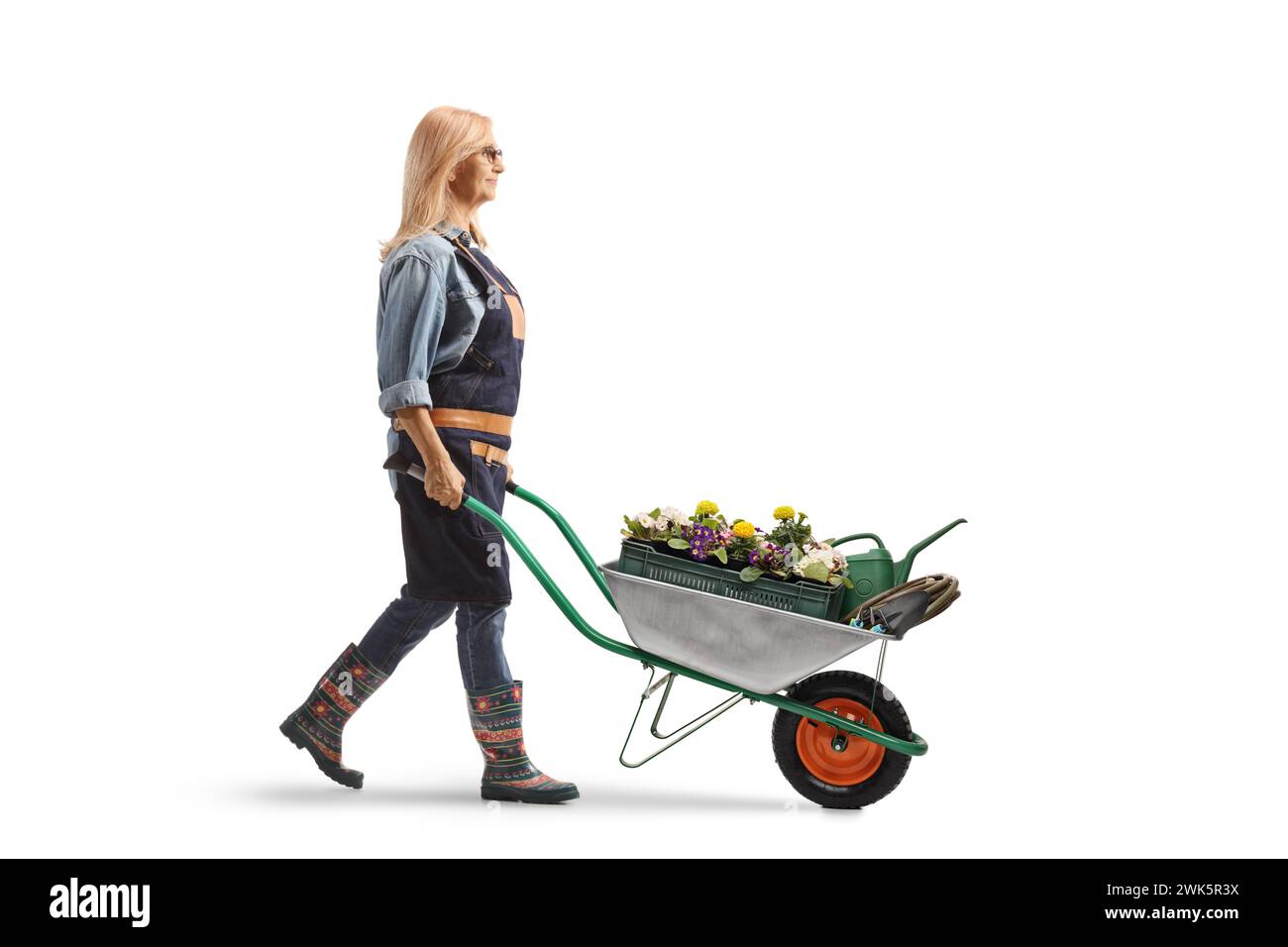 Foto a tutta lunghezza di una donna giardiniere che spinge una carriola con piante e fiori isolati su sfondo bianco Foto Stock