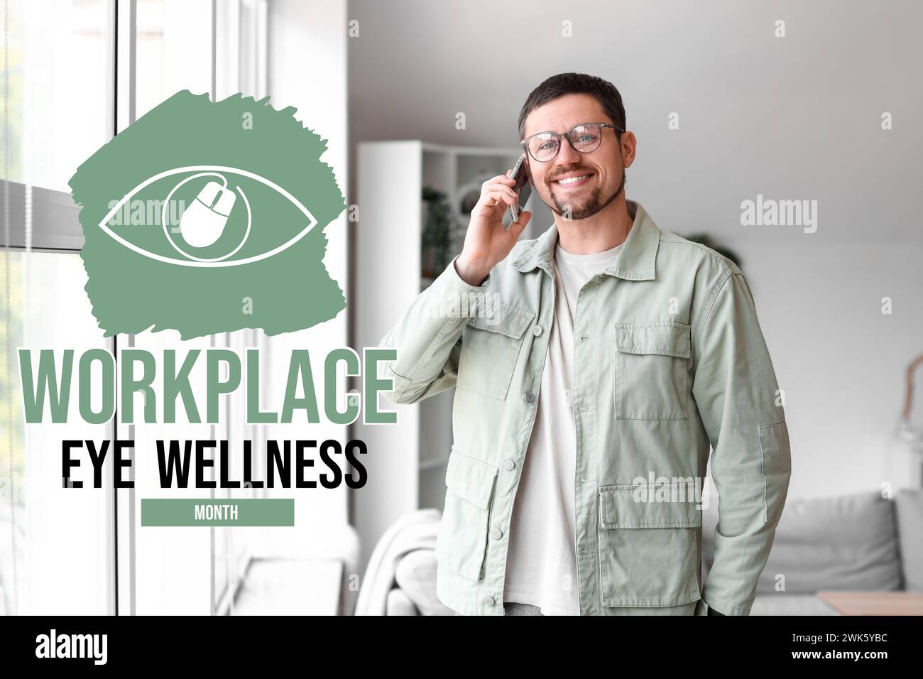 Banner per Workplace Eye Wellness Month con giovane uomo che utilizza il telefono cellulare Foto Stock