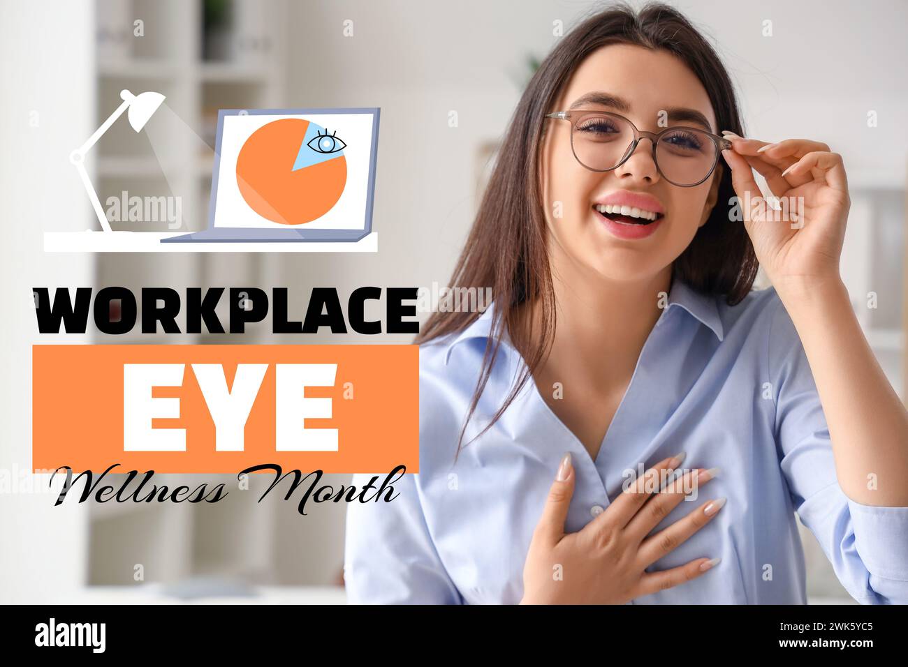 Banner per Workplace Eye Wellness Month con una giovane donna d'affari in ufficio Foto Stock