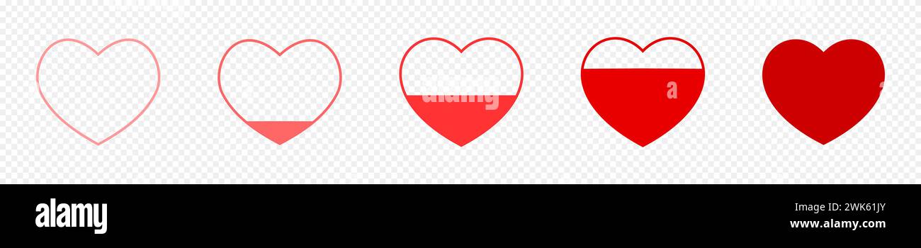 Icone rosse vuote e piene del cuore. Misurare il livello di passione o il grado di salute del cuore. Segnaletica con misuratore d'amore isolata su sfondo trasparente. Illustrazione piatta vettoriale. Illustrazione Vettoriale