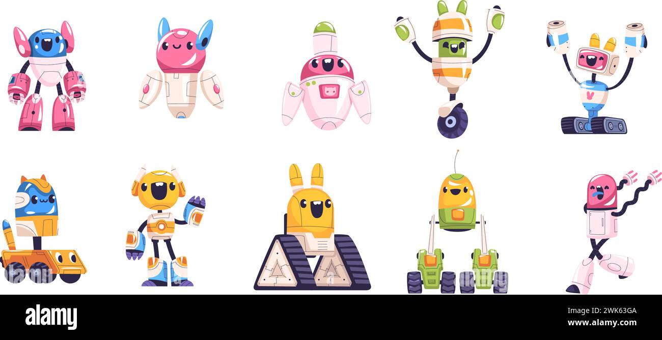 Robot infantili. Divertente gioco robot per bambini, divertente macchina trasformatrice avveniristica tecnologia robotica cyborg umanoide, stupido giocattolo spaziale android carino illustrazione vettoriale di classe di un cartone animato robot Illustrazione Vettoriale