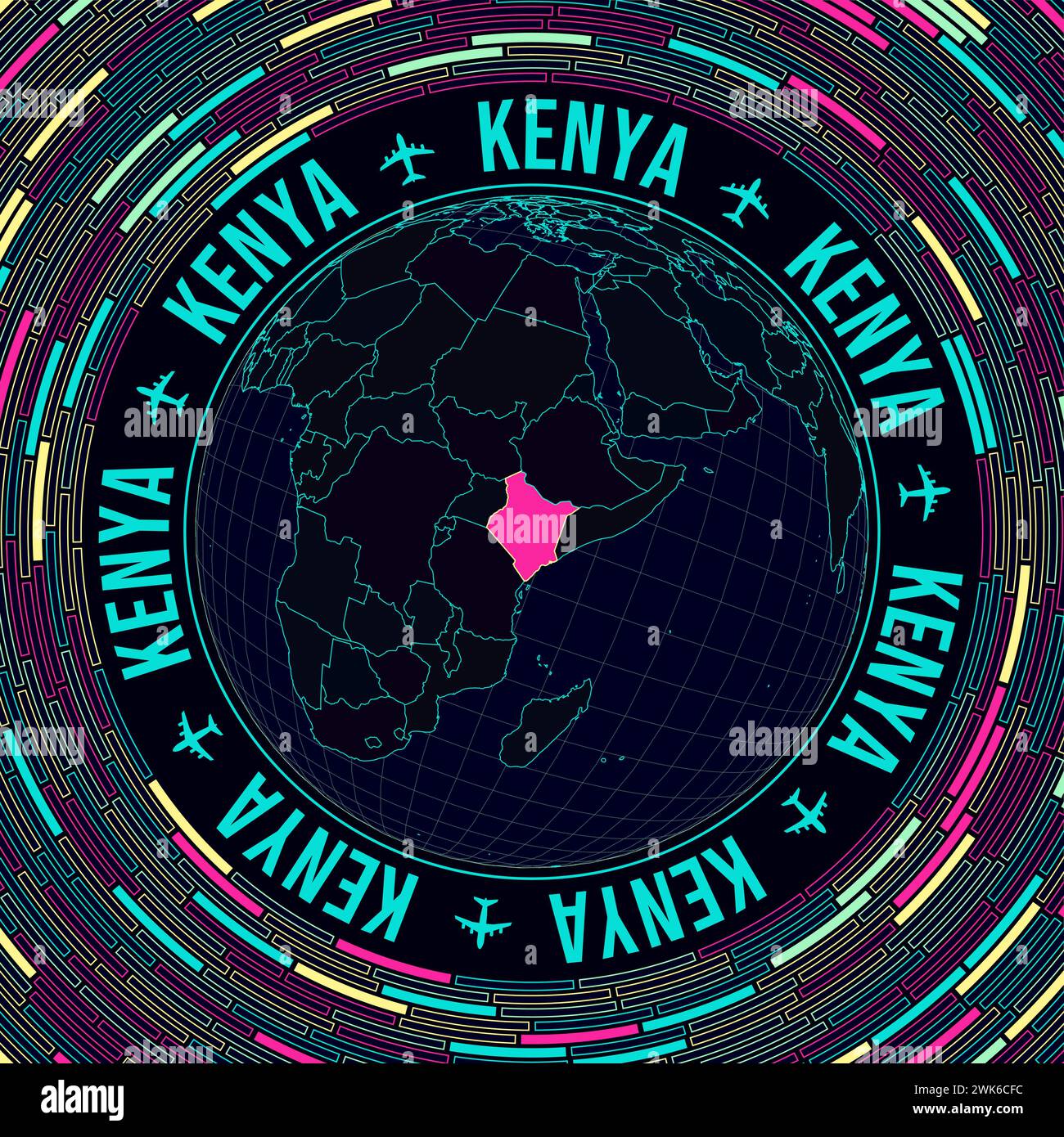 Kenya sul globo. Vista satellitare del mondo incentrata sul Kenya. Stile neon brillante. Futuristico sfondo radiale in mattoni. Illustrazione Vettoriale