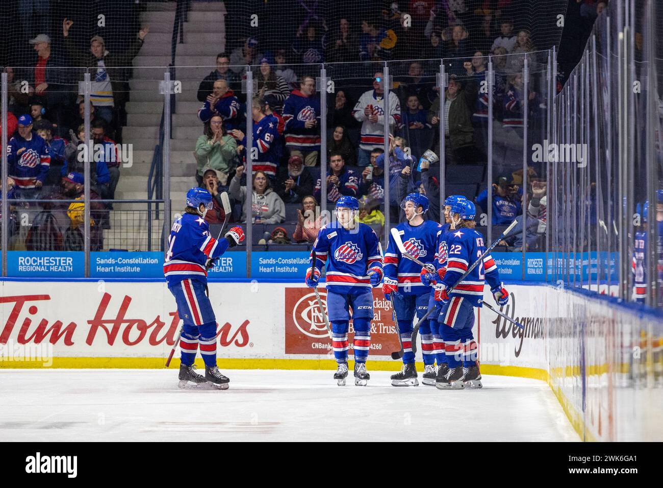 18 febbraio 2024: I giocatori dei Rochester Americans festeggiano un gol nel primo periodo contro gli Utica Comets. I Rochester Americans ospitarono gli Utica Comets in una partita della American Hockey League alla Blue Cross Arena di Rochester, New York. (Jonathan tenca/CSM) Foto Stock