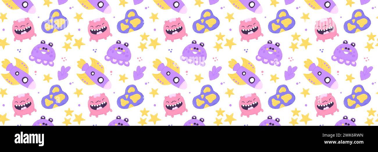 Baby cute motivo senza cuciture con elementi spaziali su sfondo bianco. Stile cartone animato piatto disegnato a mano. Illustrazione vettoriale Illustrazione Vettoriale