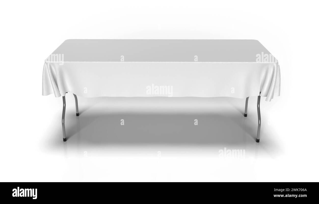 White Exhibition TableCloth drappeggiato su un cavalletto pieghevole per eventi per mockup e illustrazione. Rendering 3D. Foto Stock