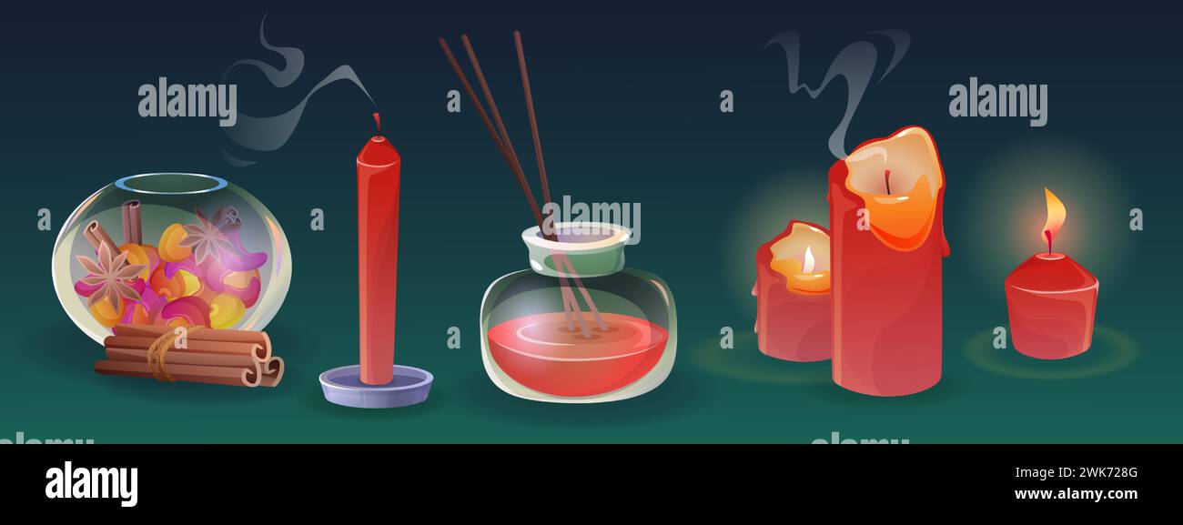 Candele rosse e romantiche e diffusore di profumo. Set illustrativo vettoriale cartoni animati di colonne a lume di candela accese e spente con fumo per aromaterapia e contenitore con fragranze e bastoncini. Illustrazione Vettoriale