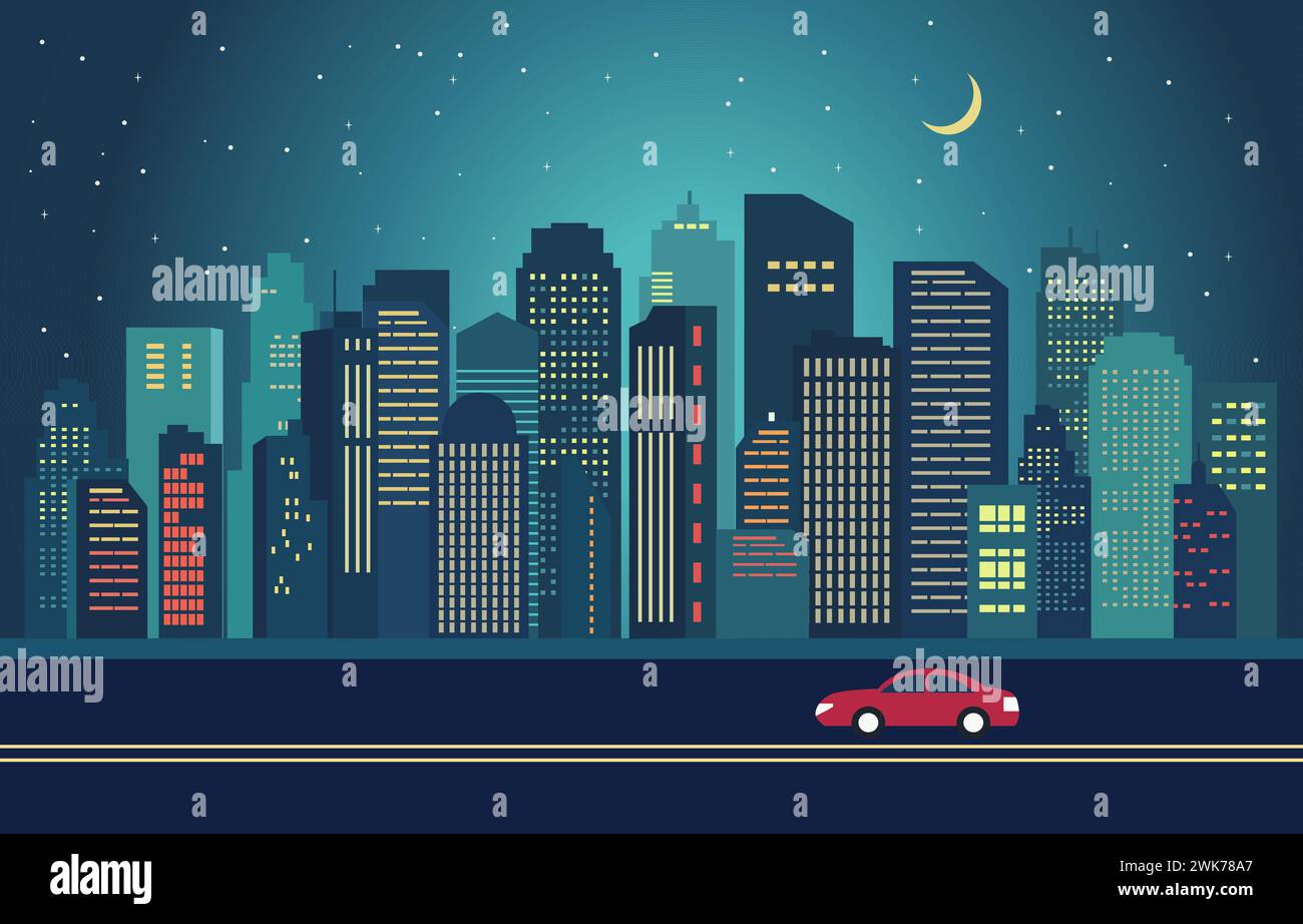 Highway Street in City di notte con illustrazione di design piatto dell'edificio urbano Illustrazione Vettoriale