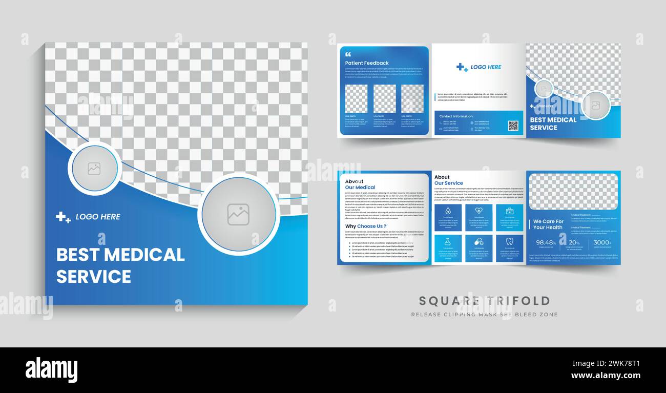 Modello di opuscolo quadruplo quadrato per la clinica sanitaria e medica Illustrazione Vettoriale