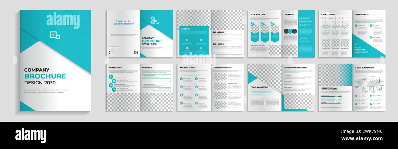 Opuscolo sulla soluzione aziendale, brochure del profilo aziendale di 16 pagine design del layout del modello modificabile. Illustrazione Vettoriale
