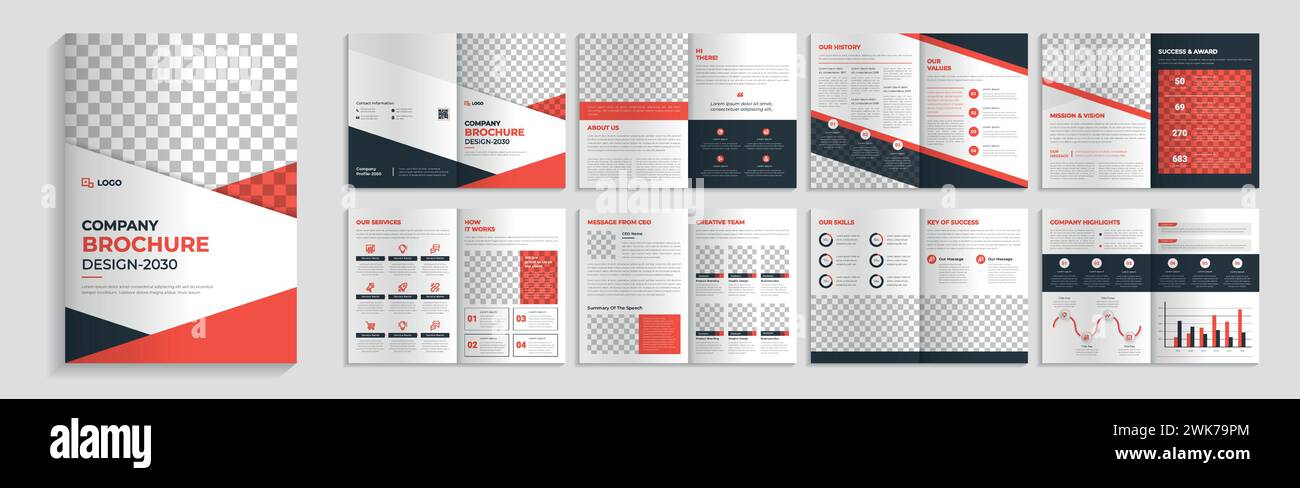Progettazione del modello di brochure aziendale. Layout opuscolo profilo aziendale con accenti rossi Illustrazione Vettoriale