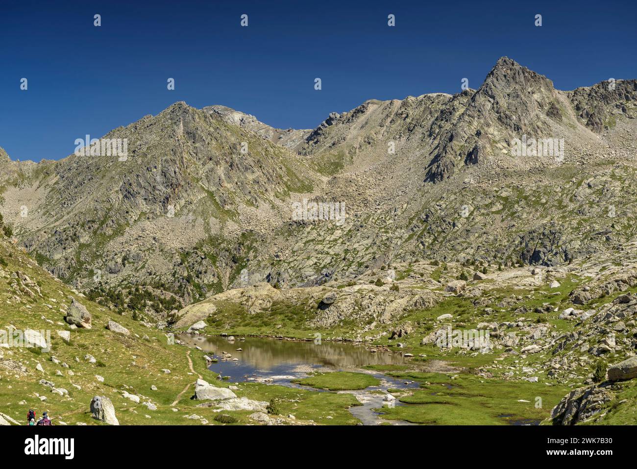 Valle di Peguera vista dal lago Estany Gran de Peguera (Parco Nazionale Aigüestortes i Estany de Sant Maurici, Catalogna, Spagna, Pirenei) Foto Stock
