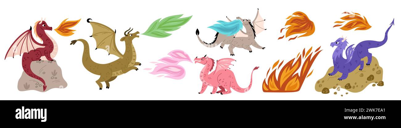 Draghi che sputano fuoco. Creature mitiche dei cartoni animati. Volando rettili favolosi. Mostri folcloristici leggendari. Animali alati e corni. Fiamme accese. M Illustrazione Vettoriale