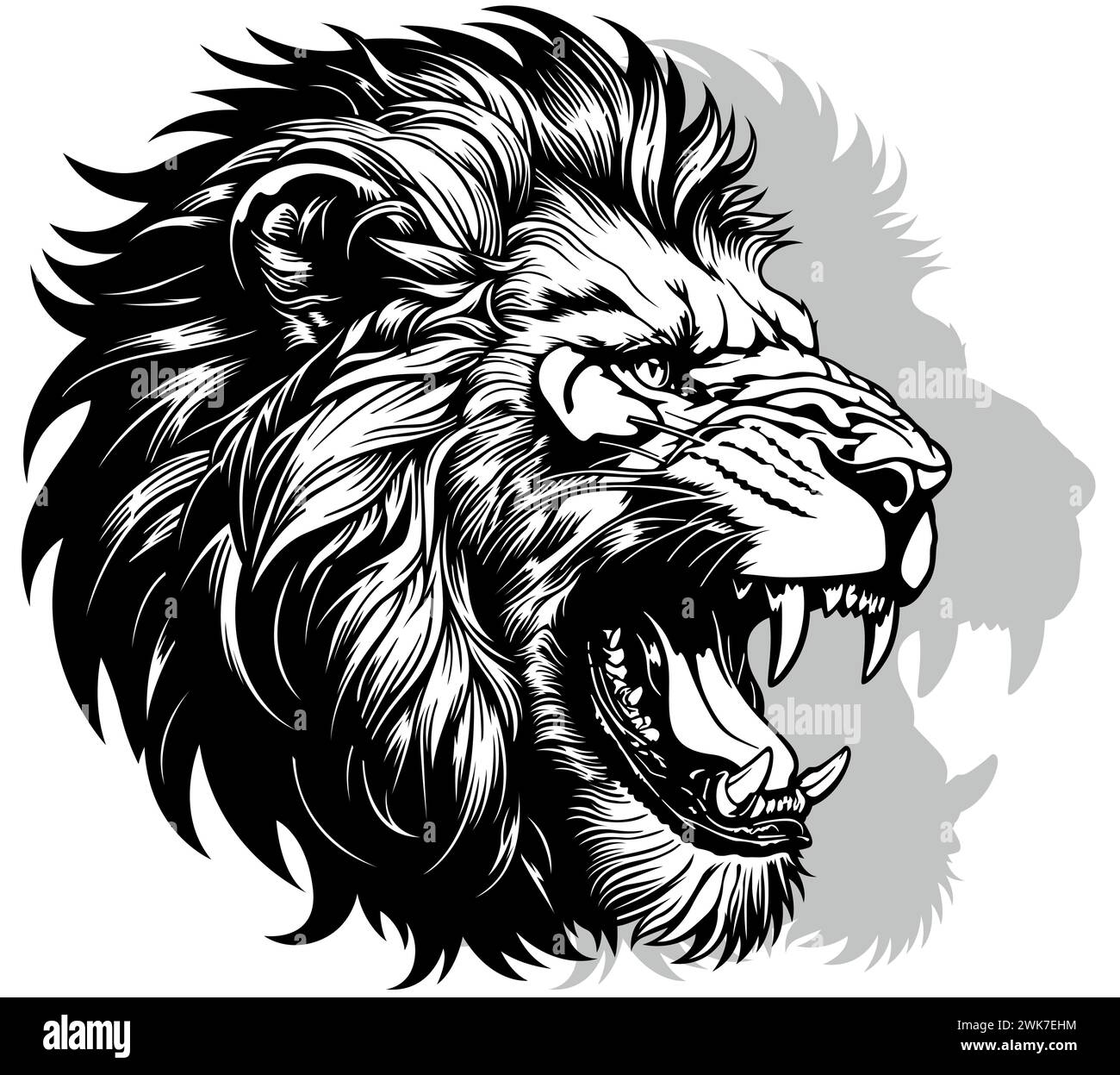 Disegno della testa del leone con bocca aperta Illustrazione Vettoriale