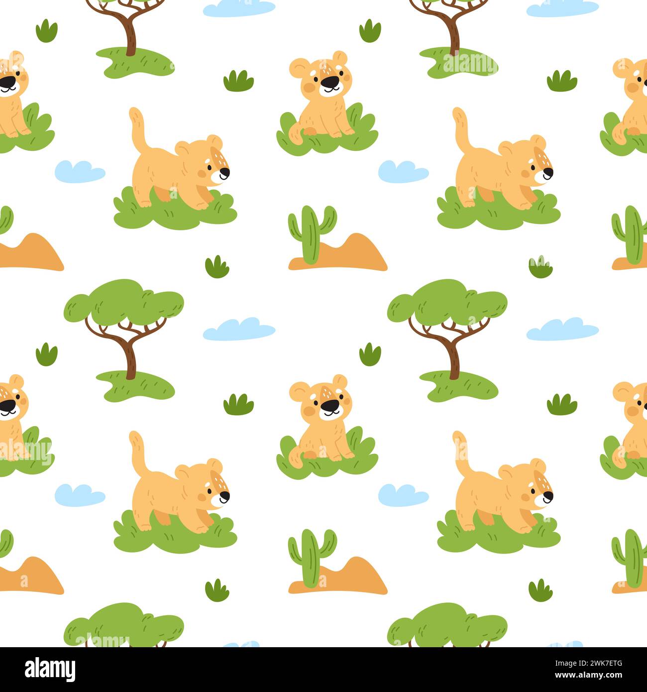 Simpatico motivo leone senza cuciture. Ripetuti simpatici cuccioli di leonessa. Stampa per bambini. Elementi di savannah. Animali predatori cartoni animati. Alberi da safari. Bambino felino selvaggio Illustrazione Vettoriale