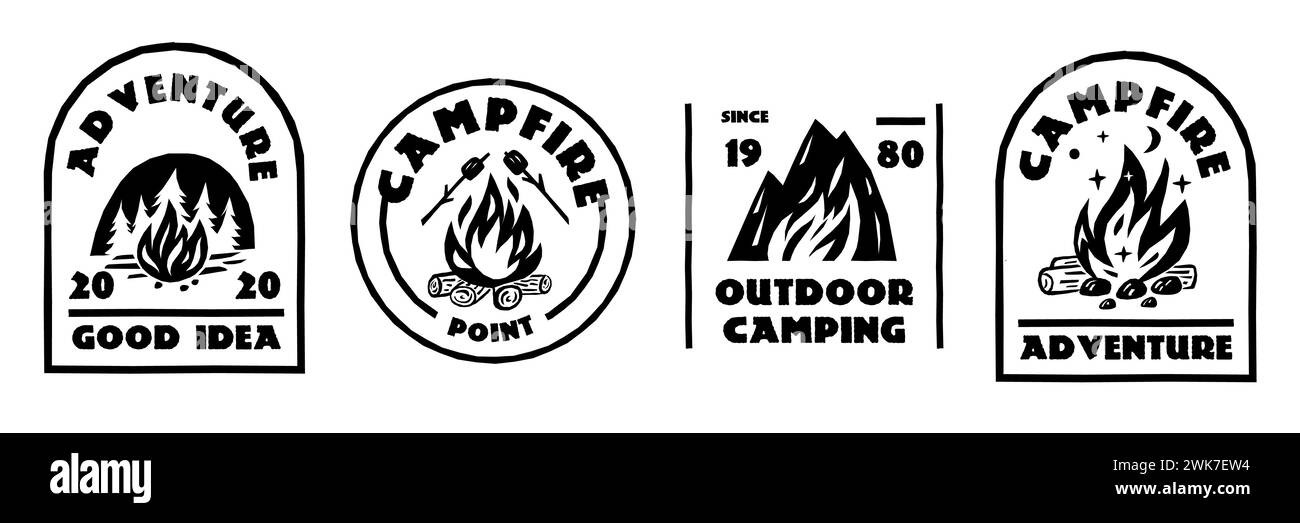 Etichette nere da falò. Emblemi dell'avventura con falò. Adesivi monocromatici. Elementi escursionistici turistici. Foresta e montagne. Fiamme accese Illustrazione Vettoriale