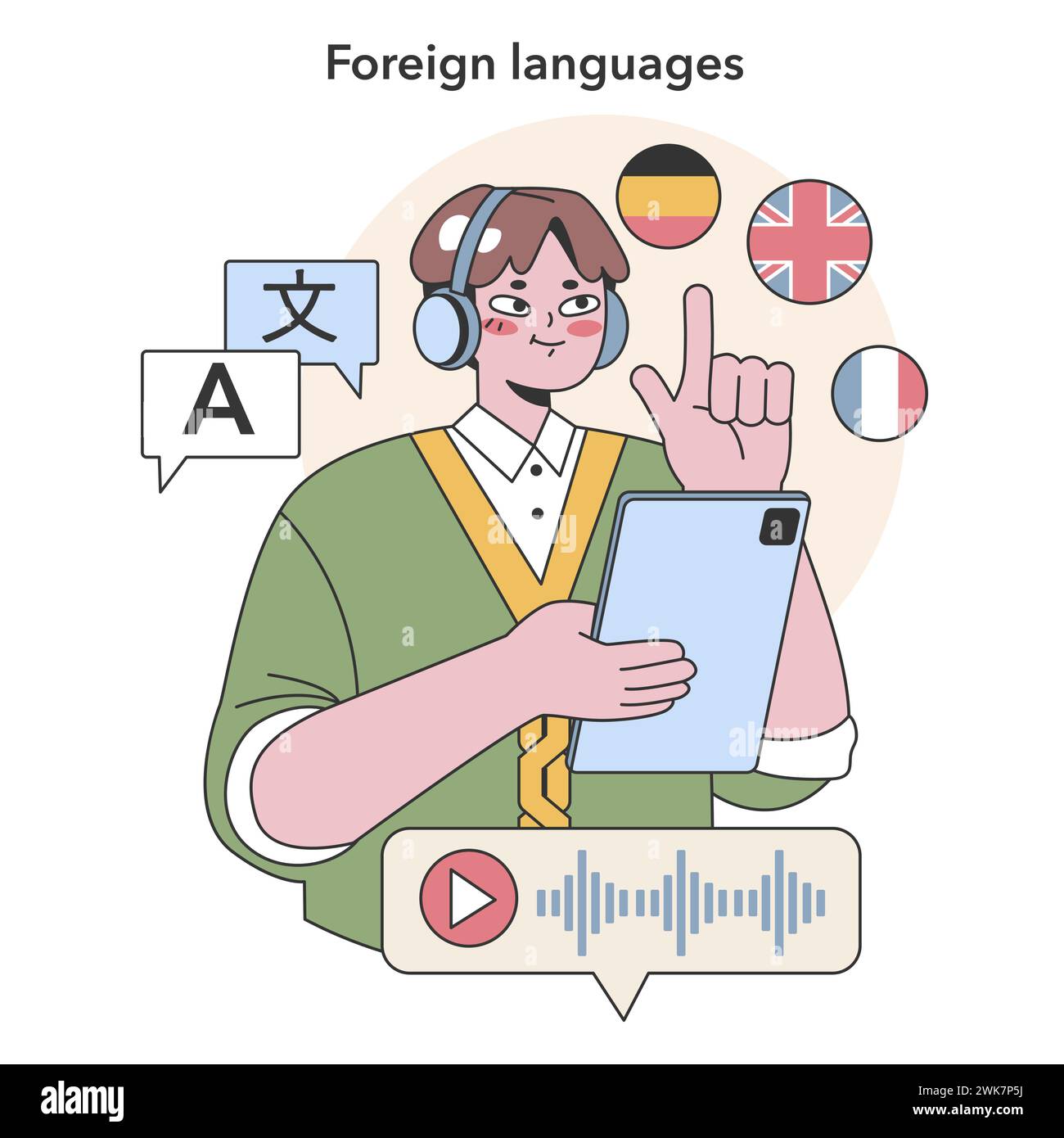 Concetto di acquisizione di lingue straniere. Studente energico impegnato in un'istruzione multilingue. Strumenti di apprendimento digitale per il miglioramento delle competenze linguistiche. Illustrazione vettoriale piatta Illustrazione Vettoriale