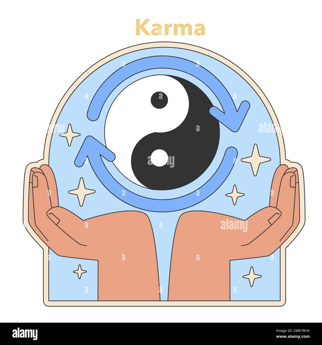 Illustrazione del concetto di Karma. I simboli Yin e Yang cullati nelle mani, rappresentano l'equilibrio della vita e l'ordine cosmico. Illustrazione vettoriale piatta Illustrazione Vettoriale