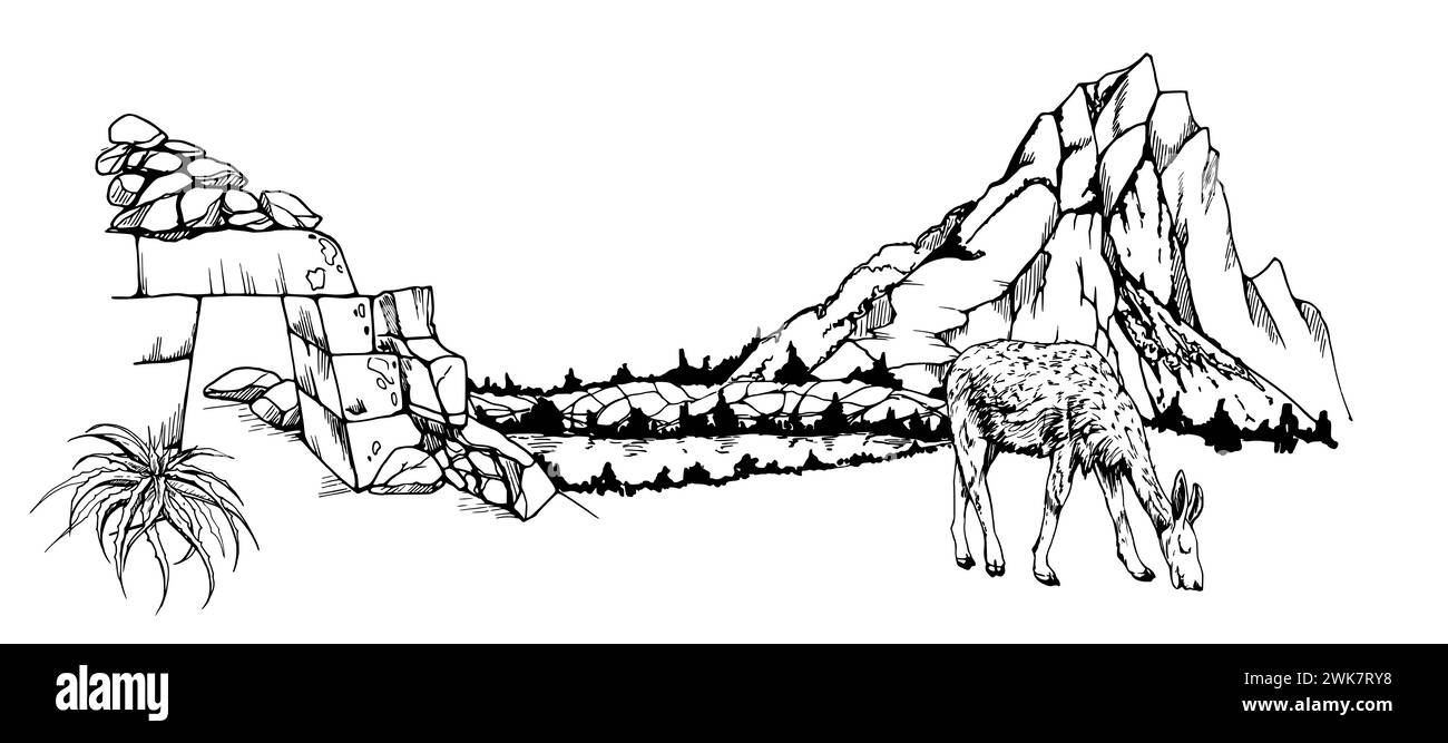 Illustrazione vettoriale a inchiostro disegnata a mano, paesaggio di montagna Centro-Sud America, piano collinare, terrazze Machu Picchu. Isolato su sfondo bianco Illustrazione Vettoriale
