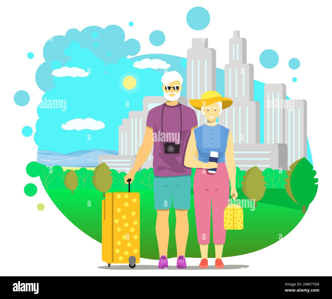 Viaggiatori anziani personaggi dei cartoni animati che si divertono in viaggio all'estero Illustrazione Vettoriale
