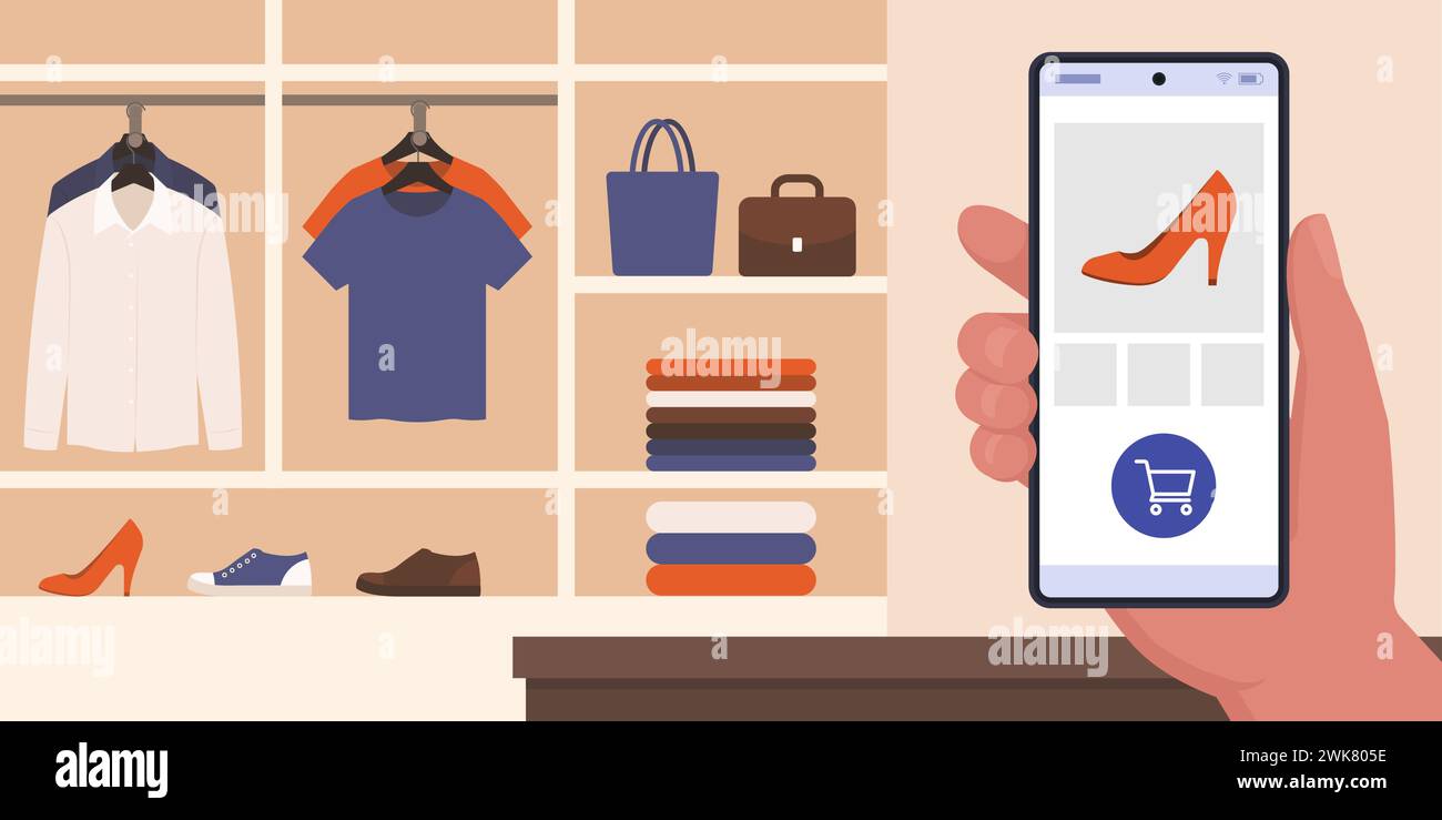 Cliente in un negozio di abbigliamento che controlla i prodotti e acquista articoli utilizzando il suo concetto di smartphone, AR e pagamenti digitali Illustrazione Vettoriale