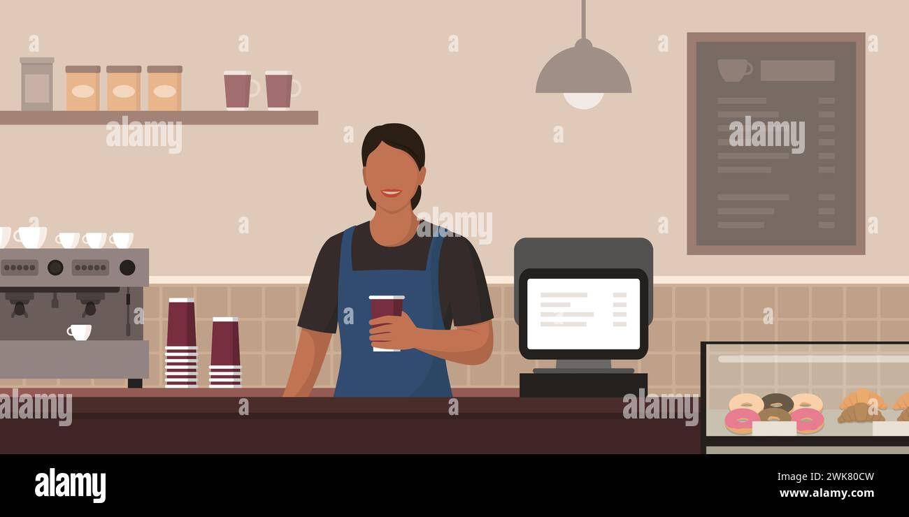 Giovane donna felice che lavora in un bar, sta tenendo un caffè da portare via e sorride Illustrazione Vettoriale