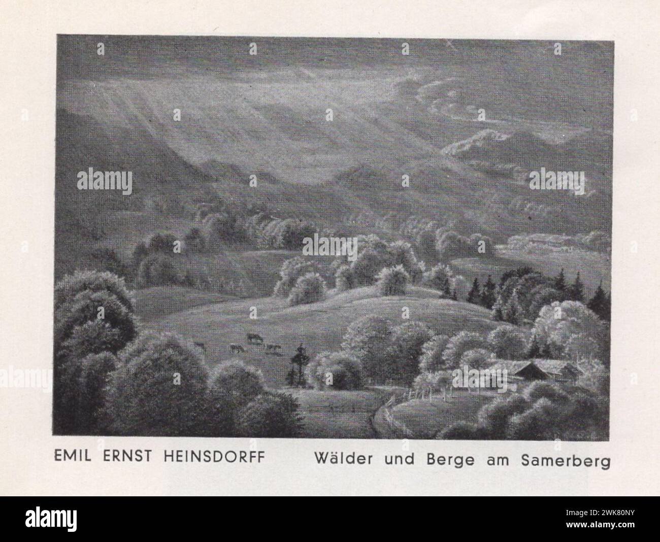 1937 Münchener jahres Austellung, Neue Pinakothek , August-Oktober, 9-17 Uhr, Eintritt 50PF / 1937 Munich Annual Exhibition, New Picture Gallery, da agosto a ottobre, 9-17 ore, ingresso 50PF 1930 mostra d'arte tedesca / l'arte tedesca degli anni '1930 / scultori tedeschi / pittori tedeschi / artisti tedeschi / Deutscher Künstler / artista tedesco / Deutscher Maler / pittore tedesco / Emil Ernst Heinsdorff : Wälder und Berge am Samerberg Foto Stock