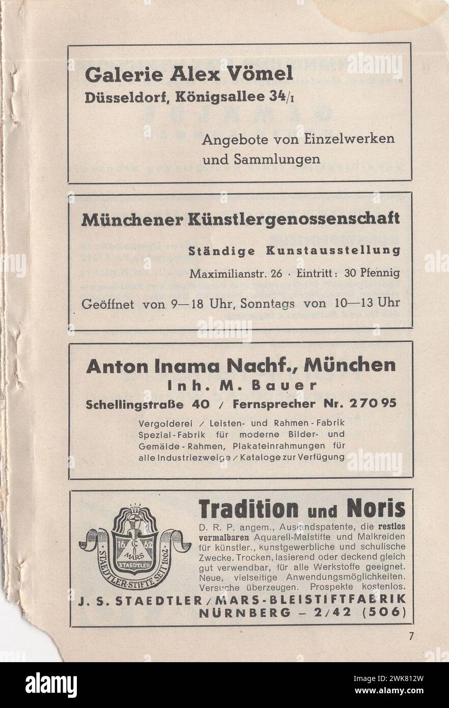 1937 Münchener jahres Austellung, Neue Pinakothek , August-Oktober, 9-17 Uhr, Eintritt 50PF / 1937 Munich Annual Exhibition, New Picture Gallery, da agosto a ottobre, 9-17 ore, ingresso 50PF 1930 mostra d'arte tedesca / l'arte tedesca degli anni '1930 / scultori tedeschi / scultori tedeschi / pittori tedeschi / artisti tedeschi . Pubblicità tedesca degli anni '1930 / Deutsche Anzeigen / deutsche Werbung Foto Stock