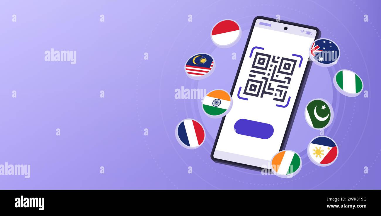Codice QR sullo schermo dello smartphone e bandiere internazionali: Portafoglio elettronico, trasferimento di denaro, pagamenti e cambio valuta Illustrazione Vettoriale