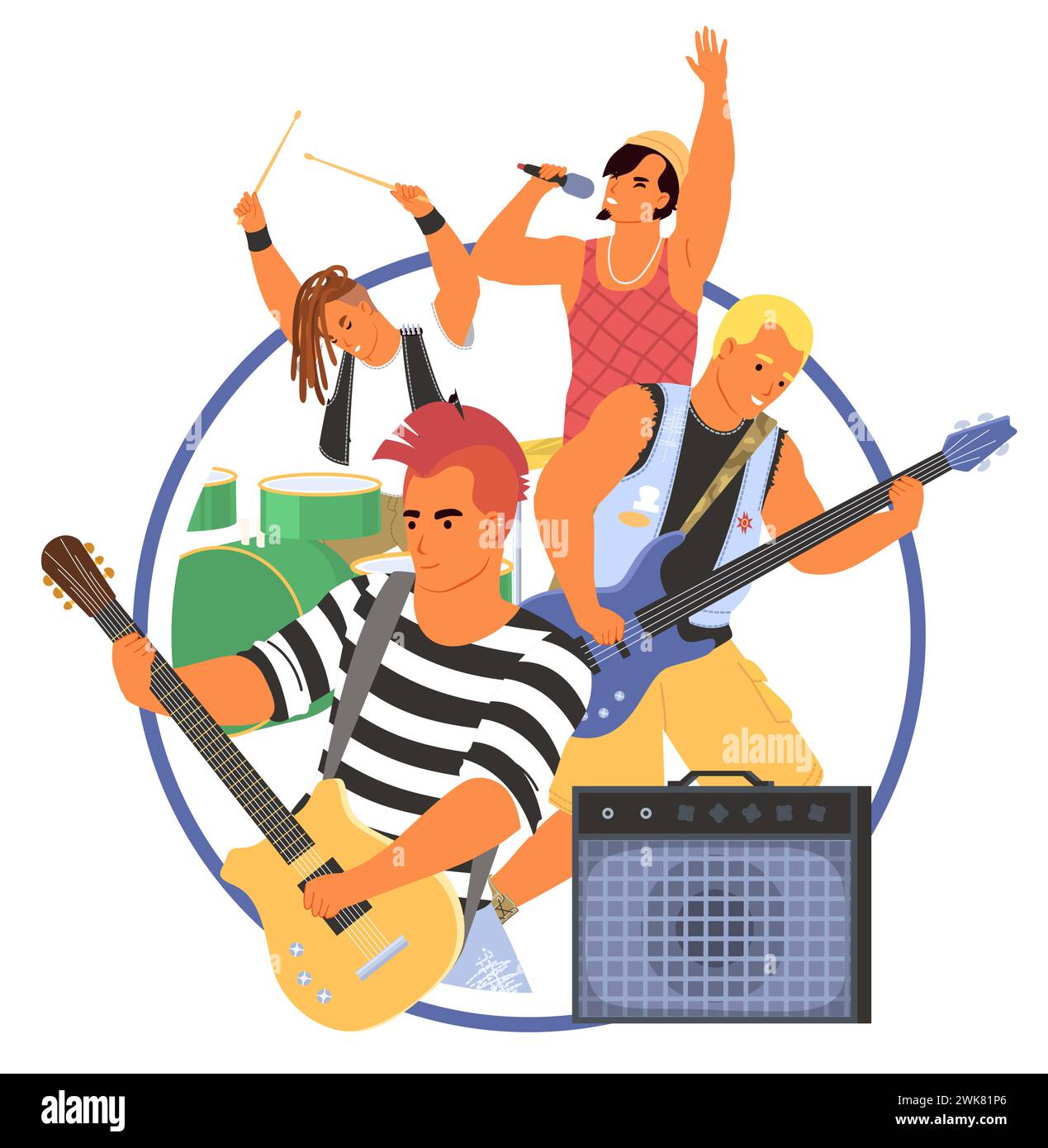 Musicisti rock band tondo poster illustrazione vettoriale Illustrazione Vettoriale