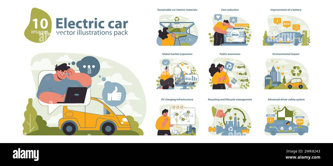 Pacchetto illustrazioni veicolo elettrico. Una serie completa di elementi visivi che esplorano la tecnologia dei veicoli elettrici, la sostenibilità e la crescita del settore. Illustrazione vettoriale piatta. Illustrazione Vettoriale