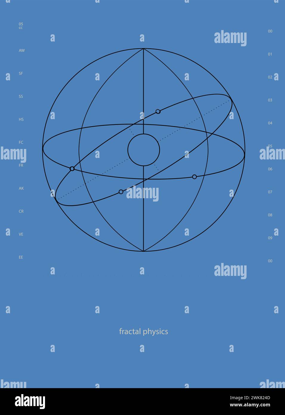 Fisica frattale. Forme geometriche astratte, illustrazione di una struttura simile a un atomo con percorsi orbitanti su sfondo blu. Estetica moderna, minimalista Illustrazione Vettoriale