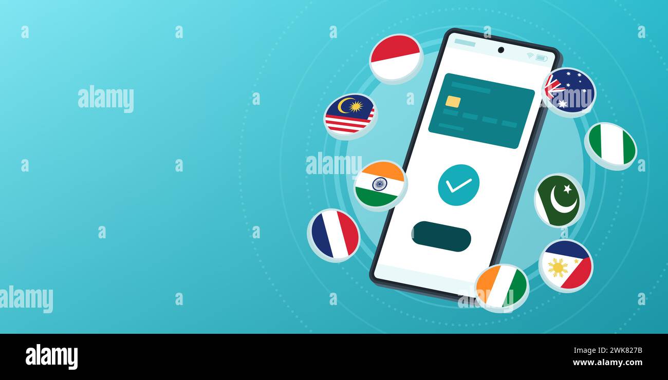 App portafoglio digitale su smartphone e bandiere internazionali: Trasferimento di denaro, pagamenti e cambio valuta Illustrazione Vettoriale