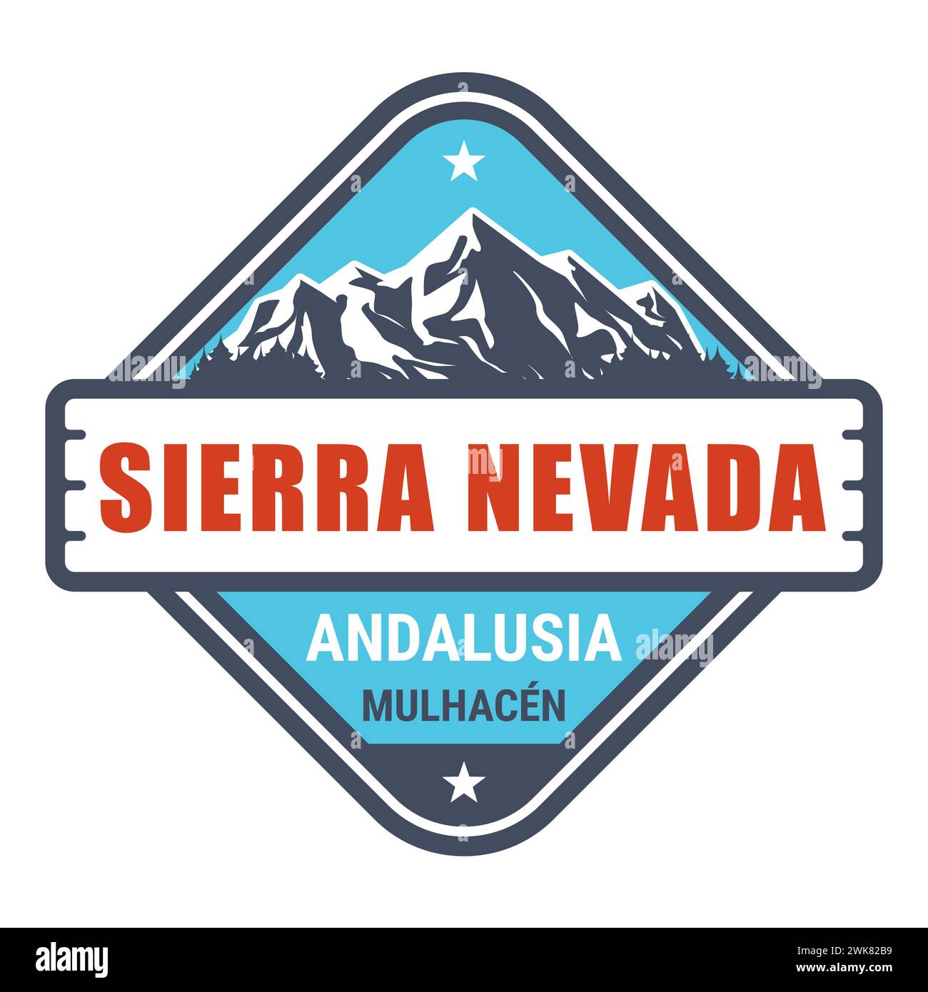 Francobollo della stazione sciistica della Sierra Nevada, emblema della stazione sciistica della Spagna con montagne innevate, Andalusia, Vector Illustrazione Vettoriale