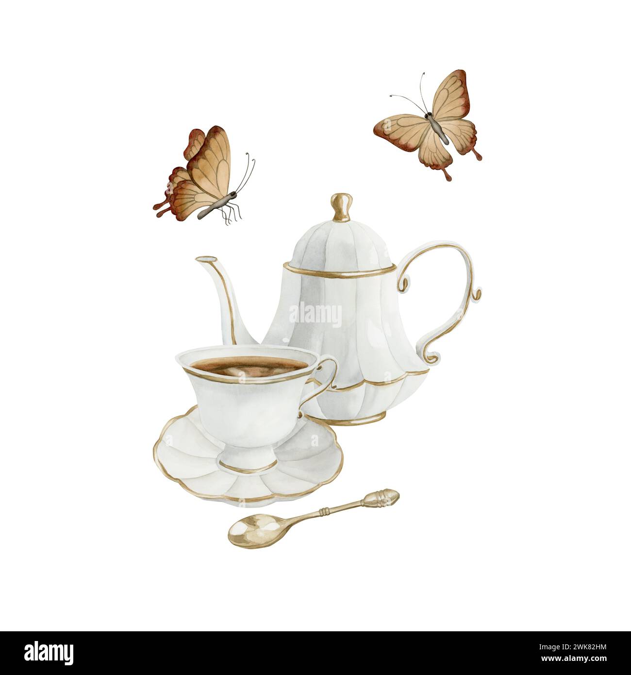Composizione di teiera in porcellana bianca, tazza da tè e piattino con bordo dorato, cucchiaio da tè in metallo dorato e farfalle. Stile vittoriano. Illustrazione acquerello Foto Stock