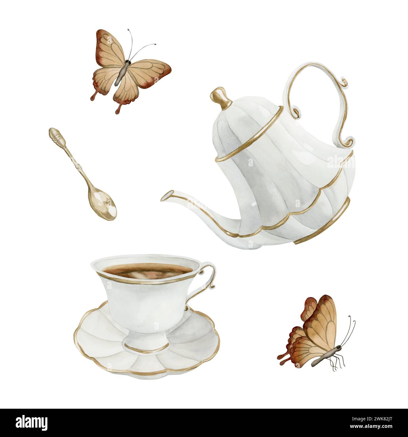 Composizione di teiera in porcellana bianca, tazza da tè e piattino con bordo dorato, cucchiaio da tè in metallo dorato e farfalle. Stile vittoriano. Illustrazione acquerello Foto Stock